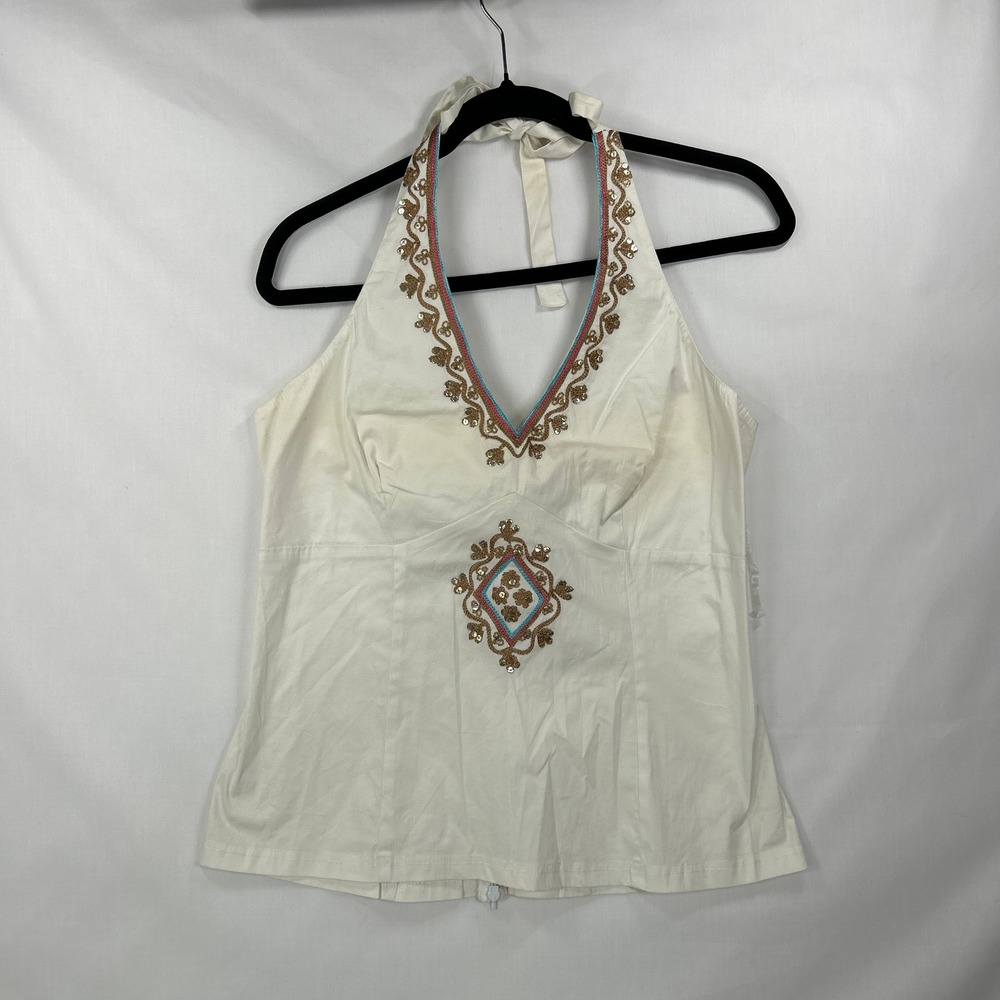 NWT Vintage Nostalgia Embroidered Halter Top – Y2K White Sequined Corset Top (L)